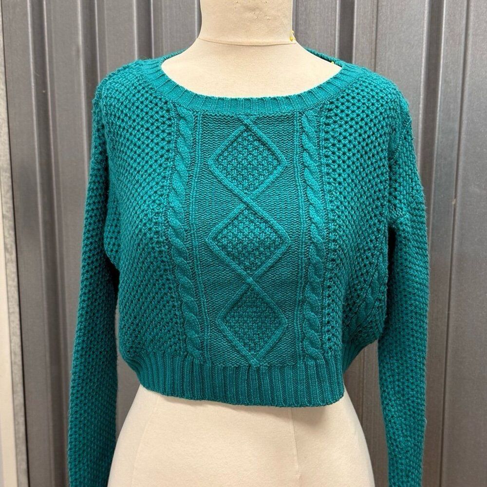 Tobi teal blue green cable knit cropped sweater